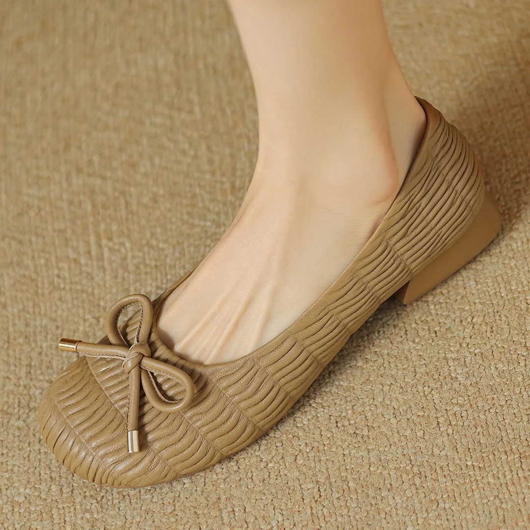 

Plus size 34-42 women's genuine leather slip-on flats daily shoes sweet bowtie pleated high quality soft comfortable female shoe