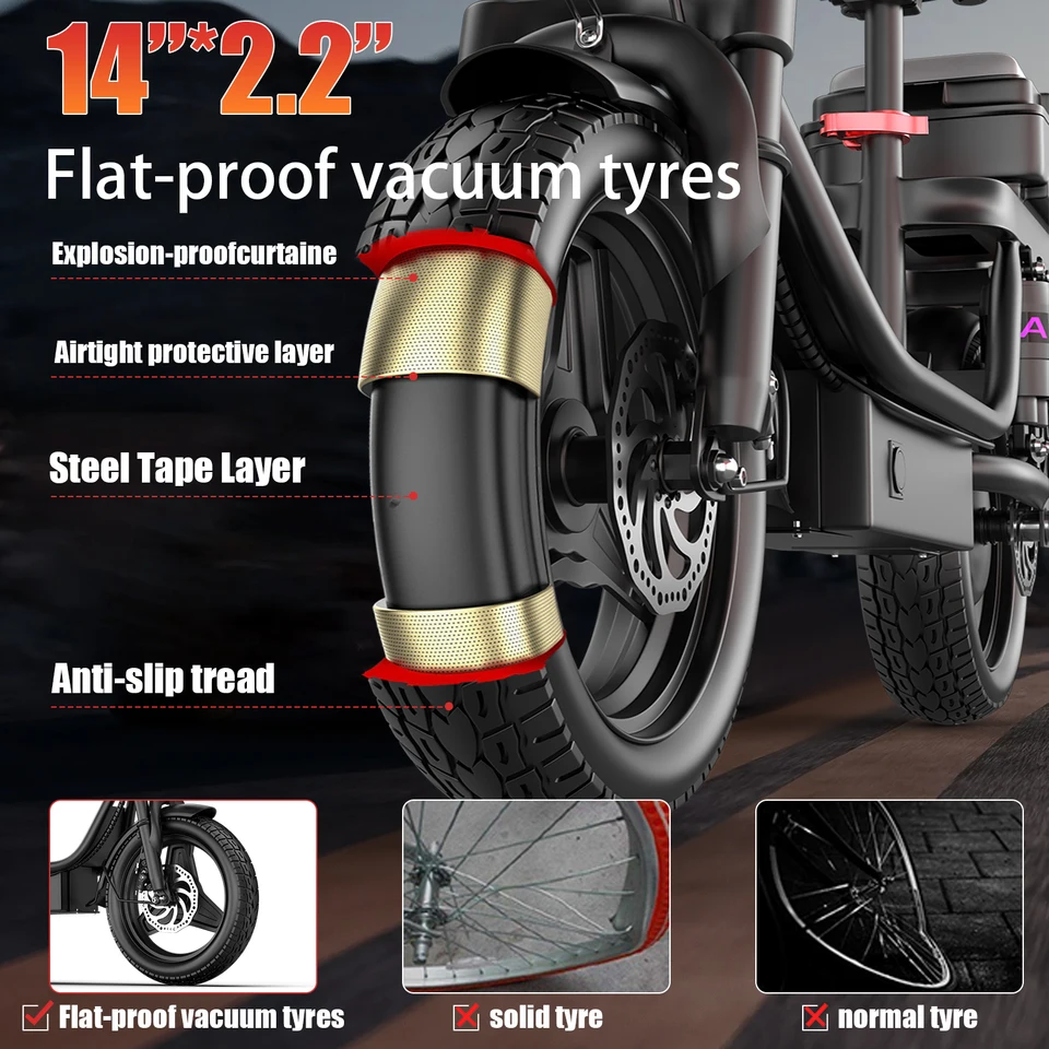 UPlee GQ8 Adult Electric Bike 500W Peak Motor 48V 15AH Electric Scooter 14 Inch Fat Tire Full Shock Foldable with Trunk E Bike image 5