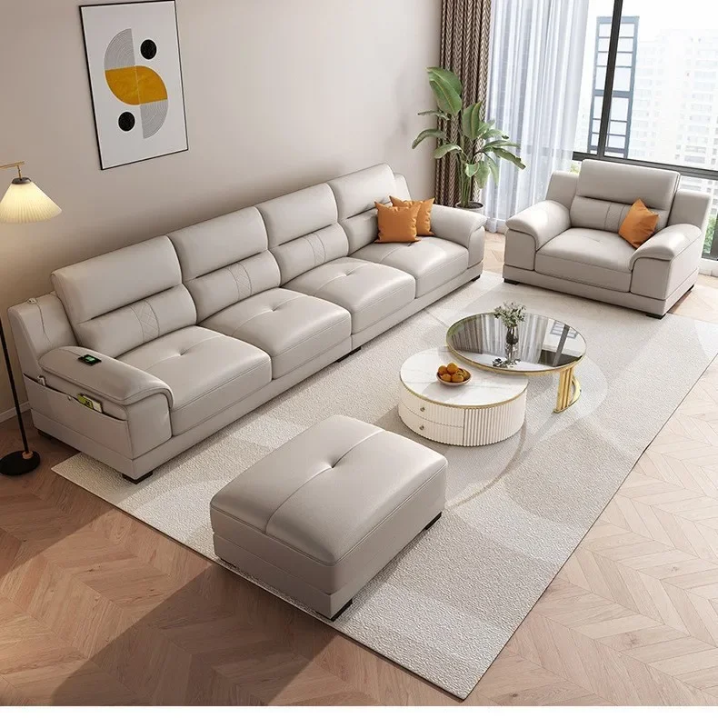 أريكة جلدية فاخرة خفيفة، أريكة شقة حديثة بسيطة وصغيرة من جلد البقر من الطبقة الأولى #3