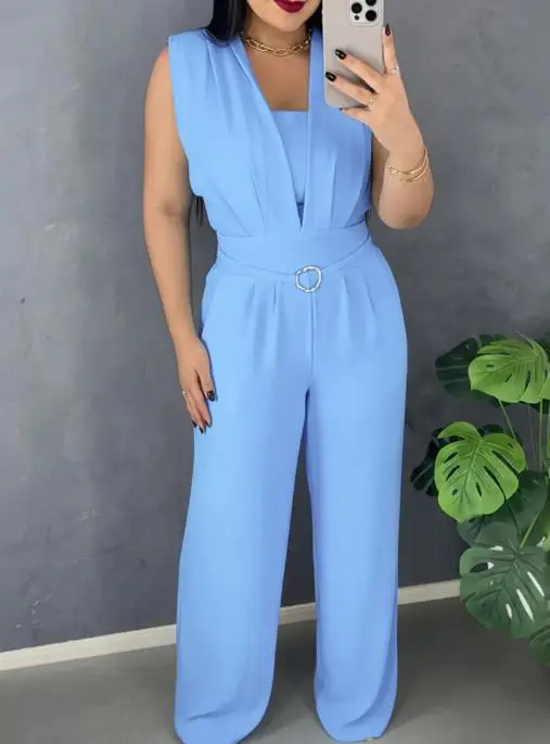

Jumpsuit Women 2026 Spring Summer New Solid Color V Neck Lace-Up Waist Meatl Buckle Jumpsuit Casual Shirred Wide Leg Romper