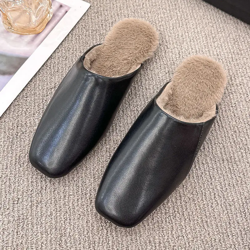 New Casual Lazy Mule Shoe Soft Bottom Bread Head Slippers Fleece Lined Warm Women Flat Heel Rubber Sole Winter House Home Slides