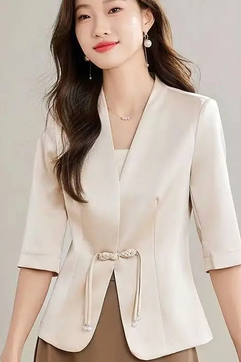 

New Chinese Style Buckle Satin Short Jacket Light and Thin New Summer High-end Temperament Solid Color Simple Versatile Top