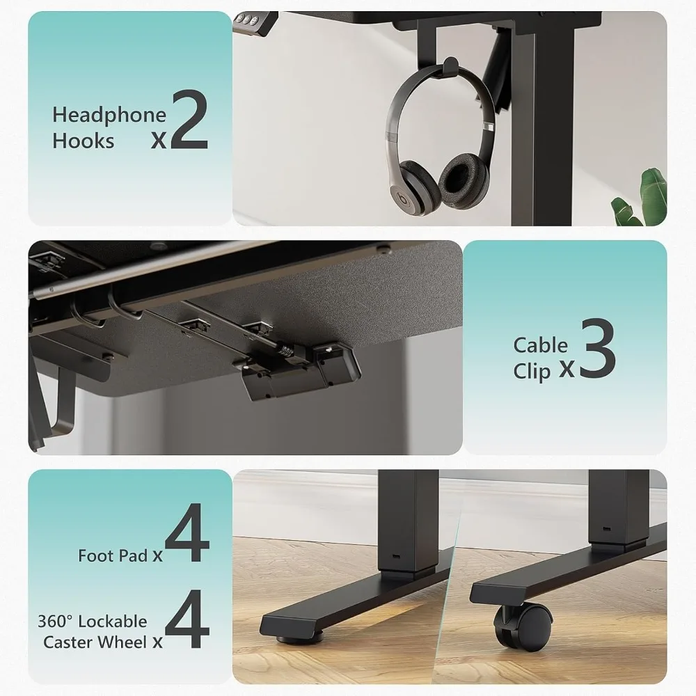 "24" electric desk, 55" tall, adjustable, 4-wheel, 4-height memory, 2-hook headphone stand, home office