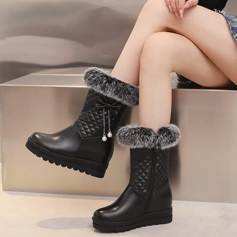 Fashion Women Snow Boots 2023 Winter Booties Height Lncreasing Platform Thick Plush Warm Zip Winter Shoes 34-43 White Pink Black