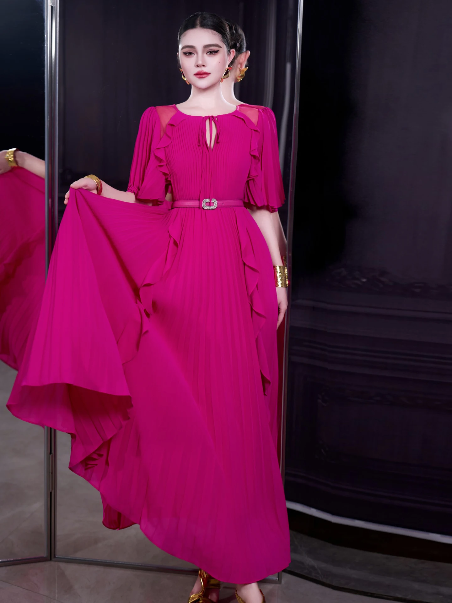 

Dopne Sle Pleated Maxi Dr Women's Spring Summer New Floral Evening Gown Long Skirt Wide Hemline Faionable Wedd...