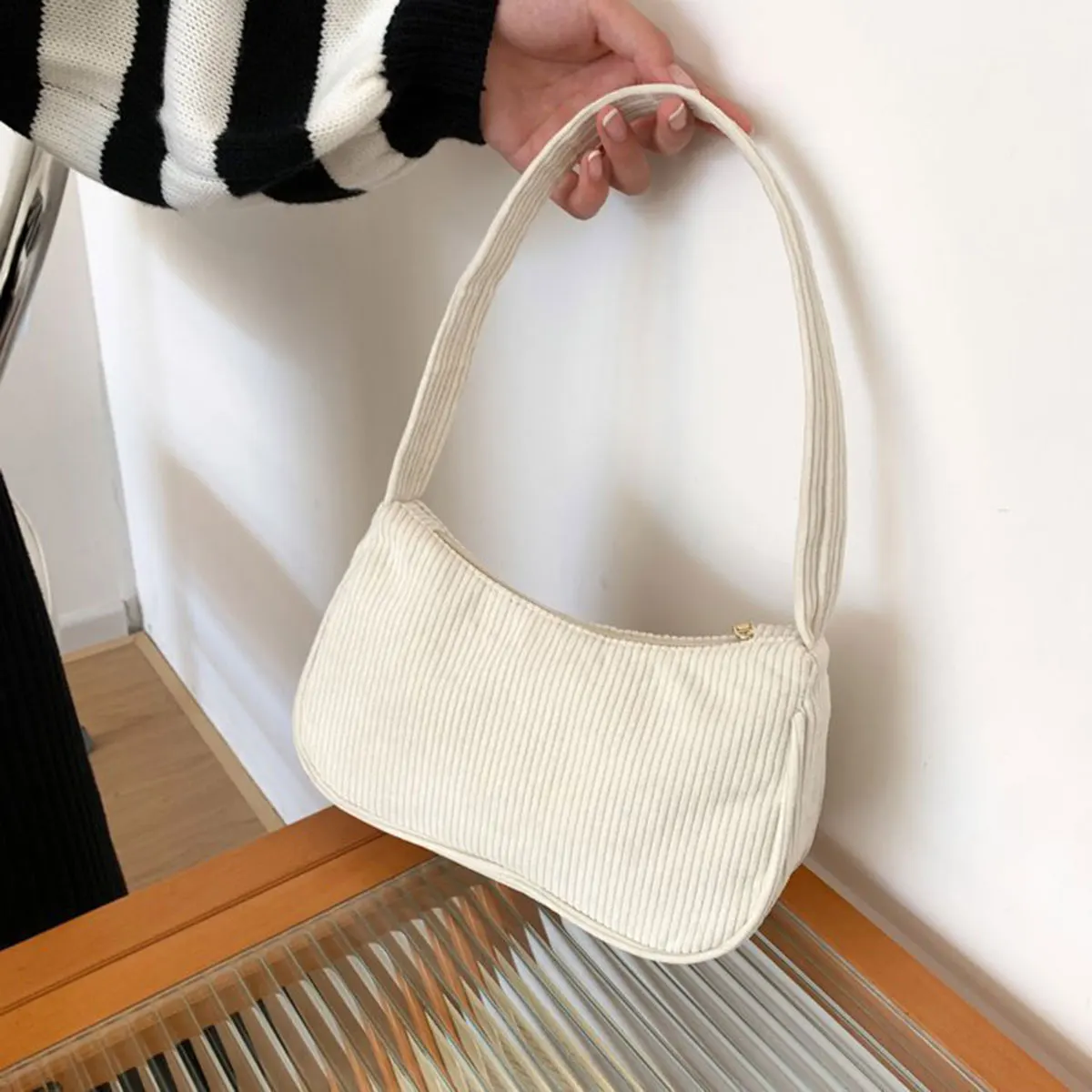 Retro Underarm Bag Women's Half Moon Shoulder Bag Fashion Solid Color Small Handbags For Women New Zipper Corduroy Clutch - view 2