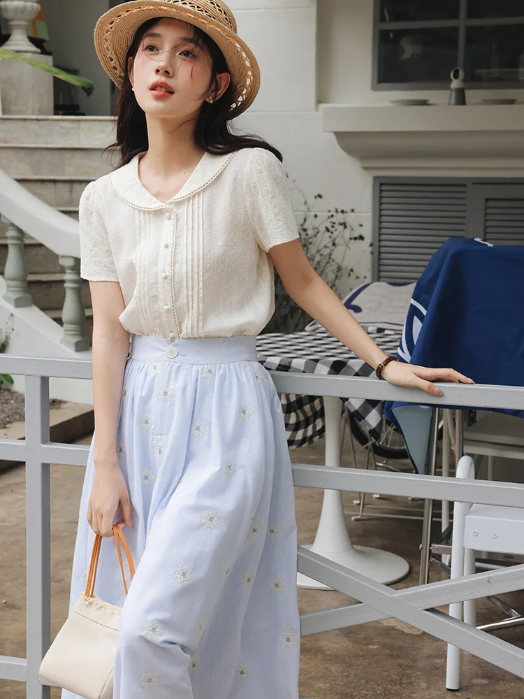 Vintage White Shirt Floral Embroidered High Waist A-Line Skirt Set Women Summer Slimming Midi Outfit Elegant Two-Piece Suit