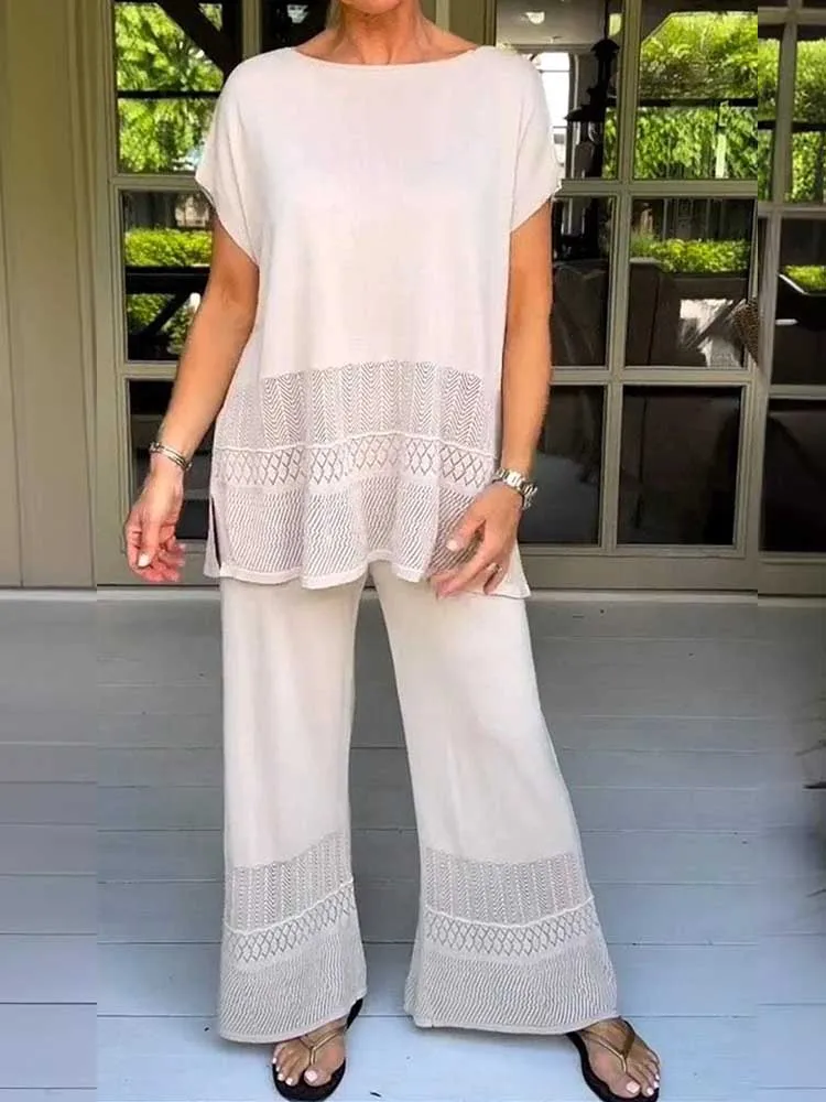 

Ladies Lounge Wear Set Round Neck Hollow Out Top Tshirt and Elastic Waist Pant Casual Summer 2 Piece Sets Woman Outfits