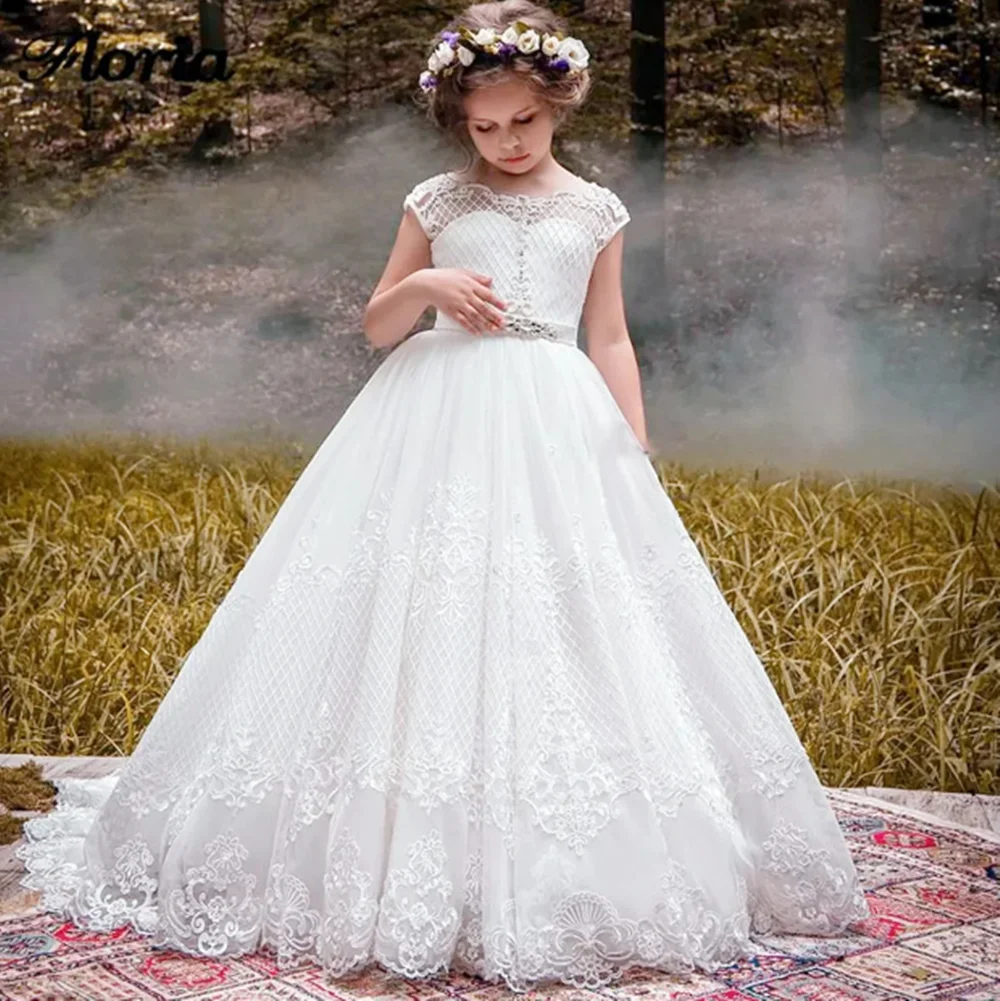 

Customized Lvory Flower Girl Dresses For Wedding Appliques Floor Length With Bow Elegant Kids First Communion Bridesmaid Gown