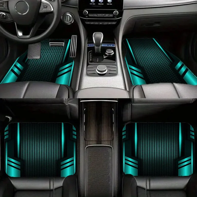 5pcs Futuristic Teal & Black Hexagonal Grid Car Floor Mats | Polyester Material, Sleek High-Tech Aesthetic, Suitable For Univers