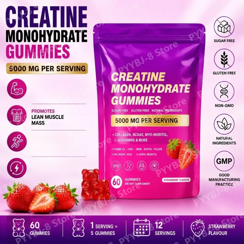 Gomitas de Creatina Monohidrato con Colágeno y BCAA, Sabor Fresa, Energía Diaria y Apoyo Nutricional, Sin Azúcar, 60 Unidades