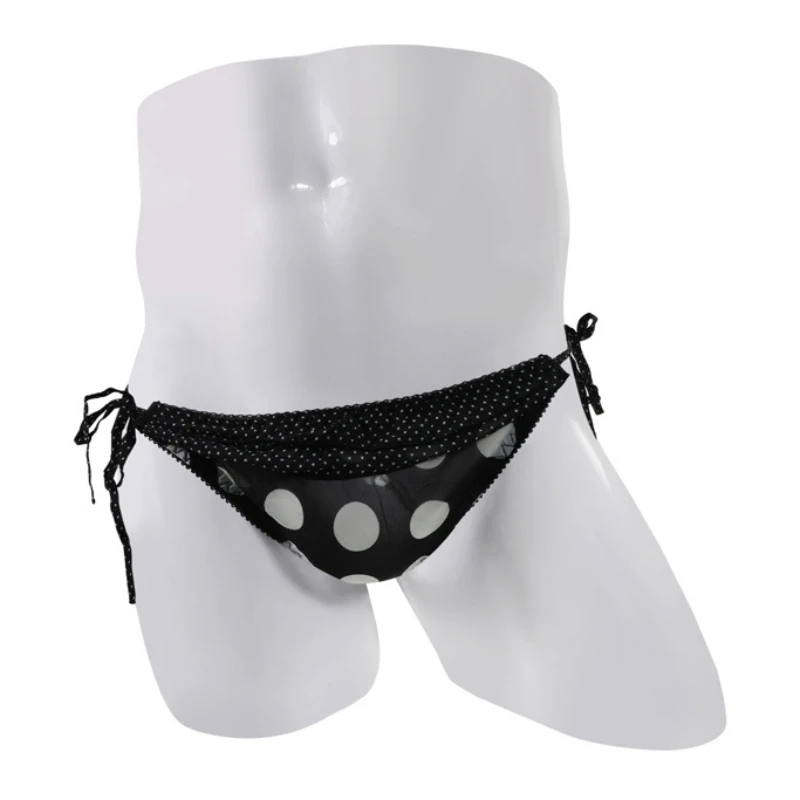 Men\'s Sex Underwear Chiffon Low-Rise Pouch Underpants Side Tie Panties Polka Dot Printed Crossdressing Sissy Lingerie Briefs