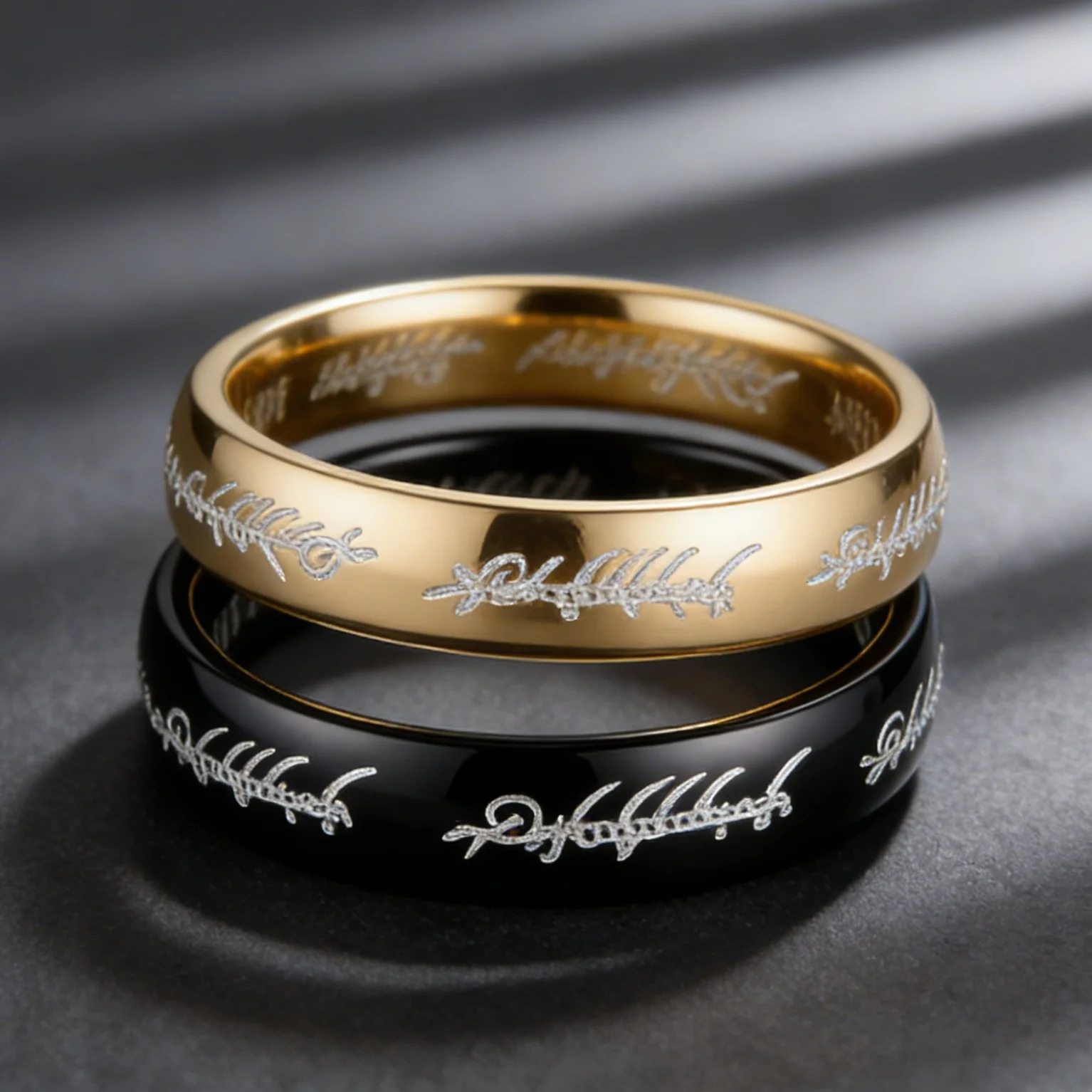 R&X Tengwar Elvish Script Couple Rings Black Gold Titanium Steel Movie Inspired Wedding Band for Lovers Fantasy Couple Ring