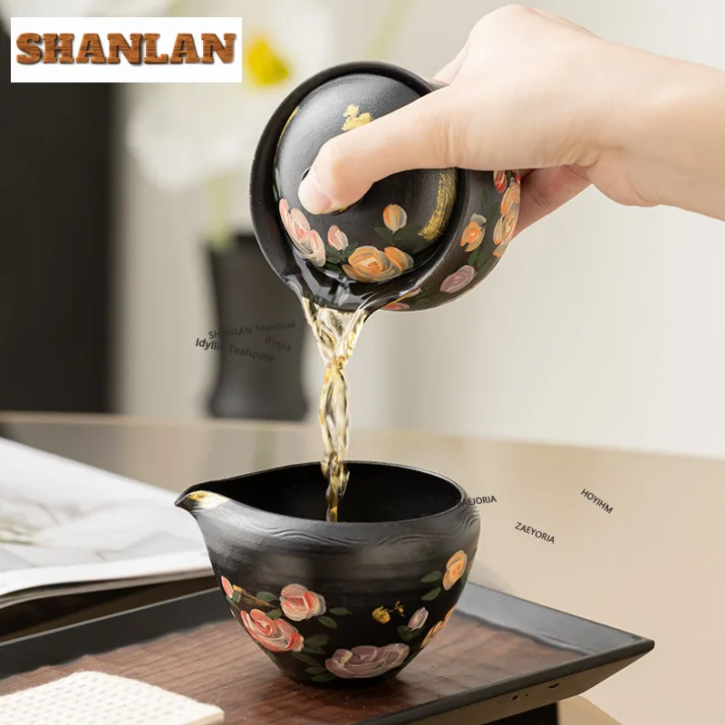 180ml Black Pottery Rose Gold Drawing Gaiwan Handmade Tea Tureen Tea Bowl With Lid Kit Tea Making Cover Bowl Cha Ornaments Gifts