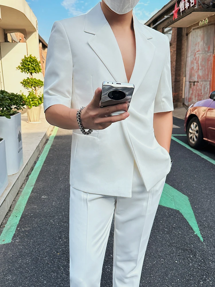 2023 Summer Side Button Short Sleeved Suit Men Slim Fit Business Casual Solid Color Loose Suits Homme (Jacket + Pants+Belt)