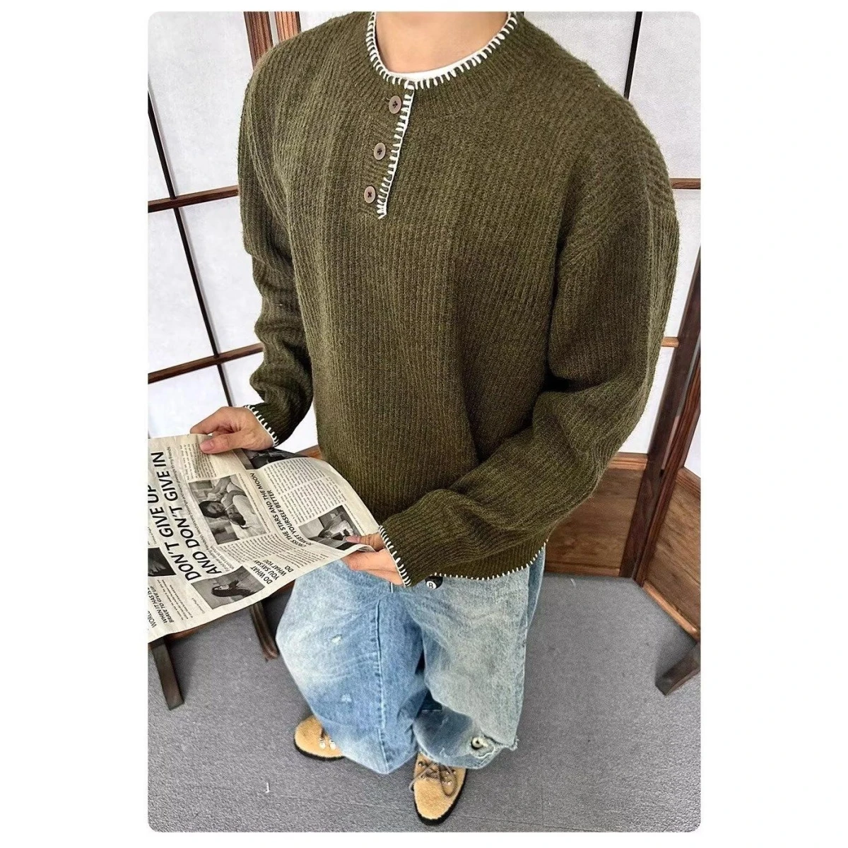 

Retro Japanese Sle Long Sve Henry Collar Fake Two-Piece T-irt Men's Trendy Brand Casual Sweatirt Autumn Base irt
