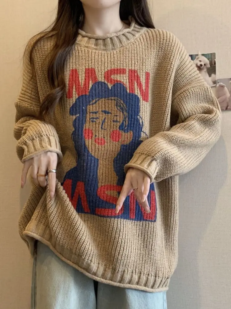 

Женский осенне-зимний новый свободный свитер в ленивом стиле в американском стиле, повседневный пуловер с круглым вырезом и мультяшным принтом в стиле ретро