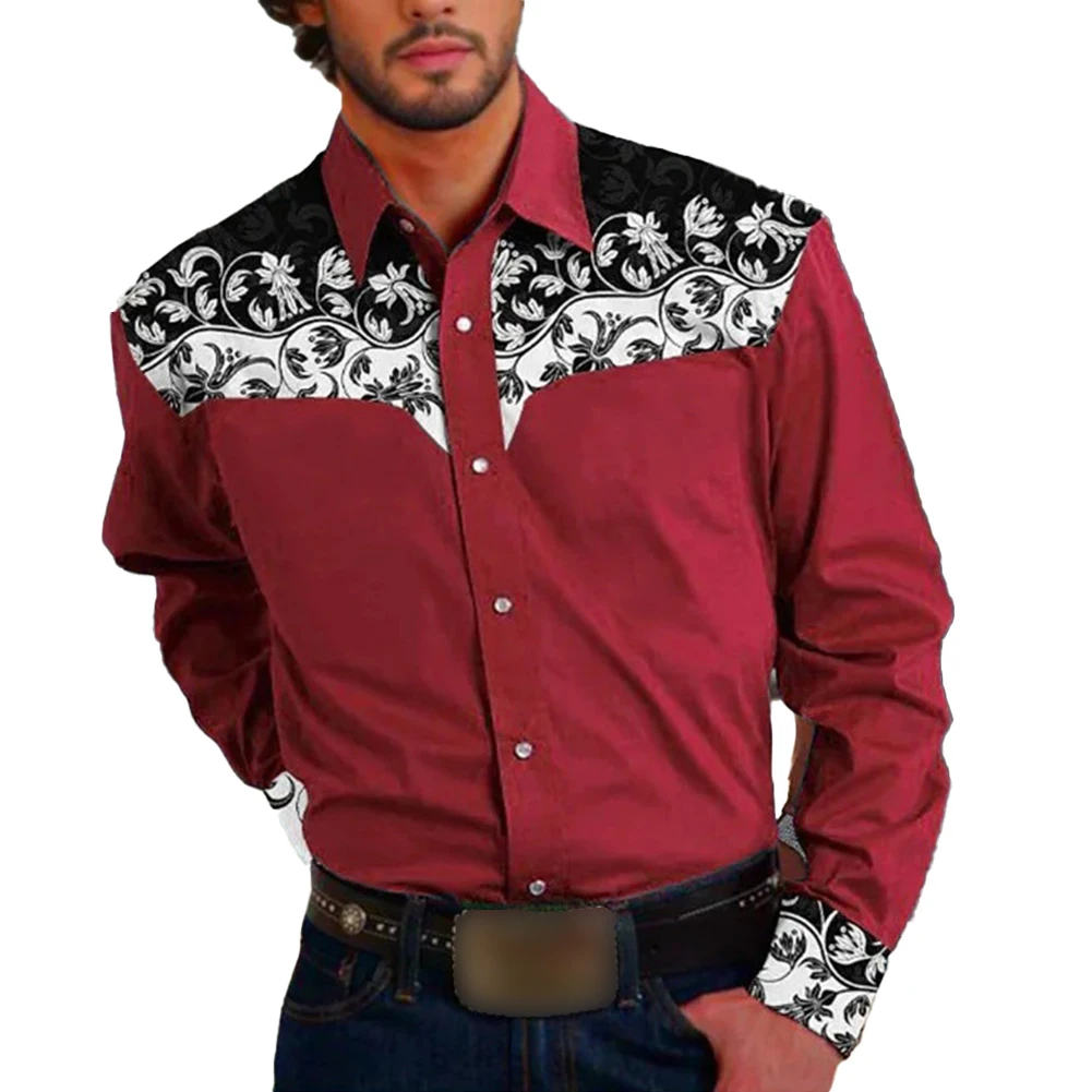 

Long Sleeve Shirt Ethnic Style Shirt For Party Blue Regular Length Lapel Neckline Party Shirt Polyester Fabric Print Pattern