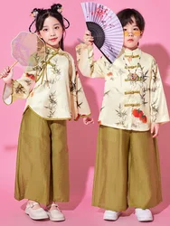 Boys Chinese Tang Suit Kids Hip Hop Clothing Bamboo Print Gold Top Wide Pants for Girls Dance Costume Clothes