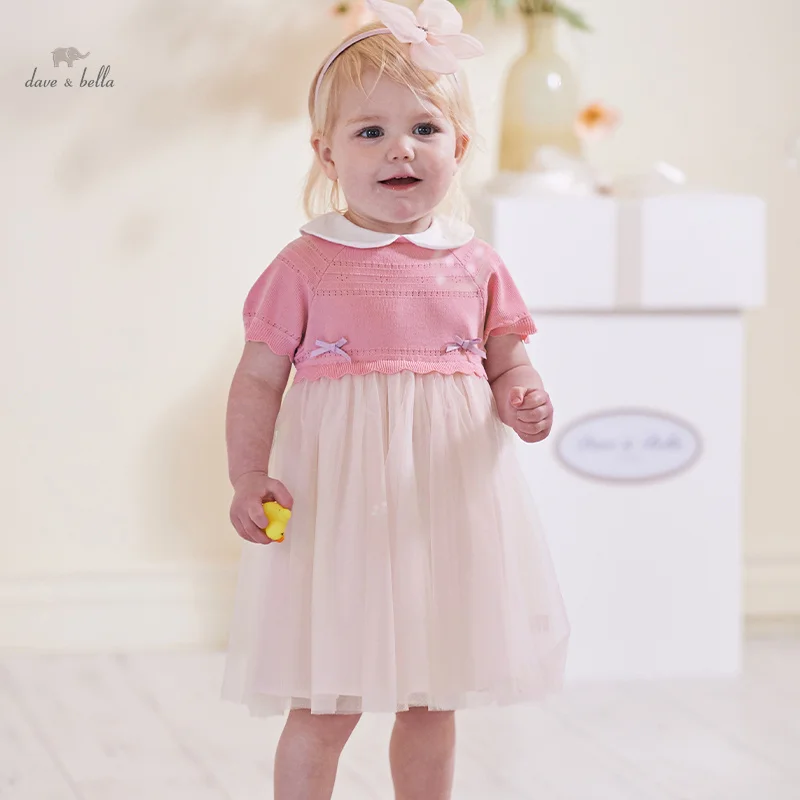 Dave Bella Girl's Princess Dress 2024 New Summer Children's Baby Short Sleeves Mesh Cute Sweet Fashion Sweater Dress DB2240240