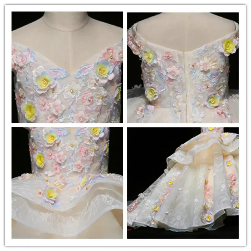 Robe de princesse pour filles, avec des appliques florales, jupe superposée en Tulle, épaules dénudées, tenue de soirée formelle, Costume de concours élégant