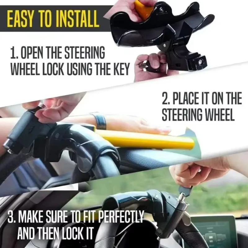 Universal Car Steering Wheel Lock with 2 Keys Car Security Rotating T-Shaped Steering Wheel Lock Steering Wheel Anti-Theft Lock