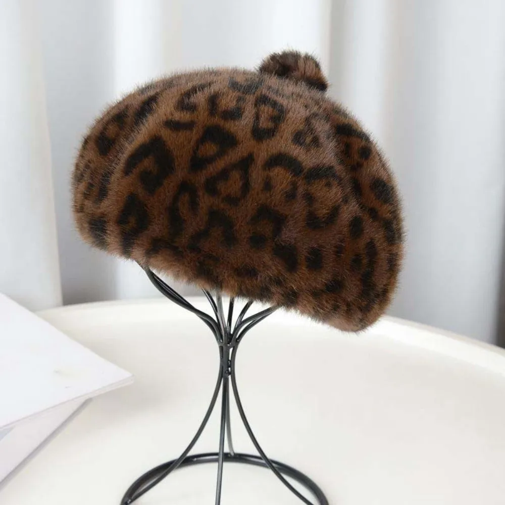 Winter Warm Bonnet Furry Faux Mink Beret Thickened Thermal Pumpkin Painter Cap Luxury Elegant Leopard Print Hat Dating