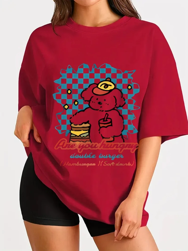 Camiseta feminina elegante de algodão, verão, vintage, você está fome, cachorro, hambúrguer, estampa, leve, confortável, estilo único, casual, roupa diária