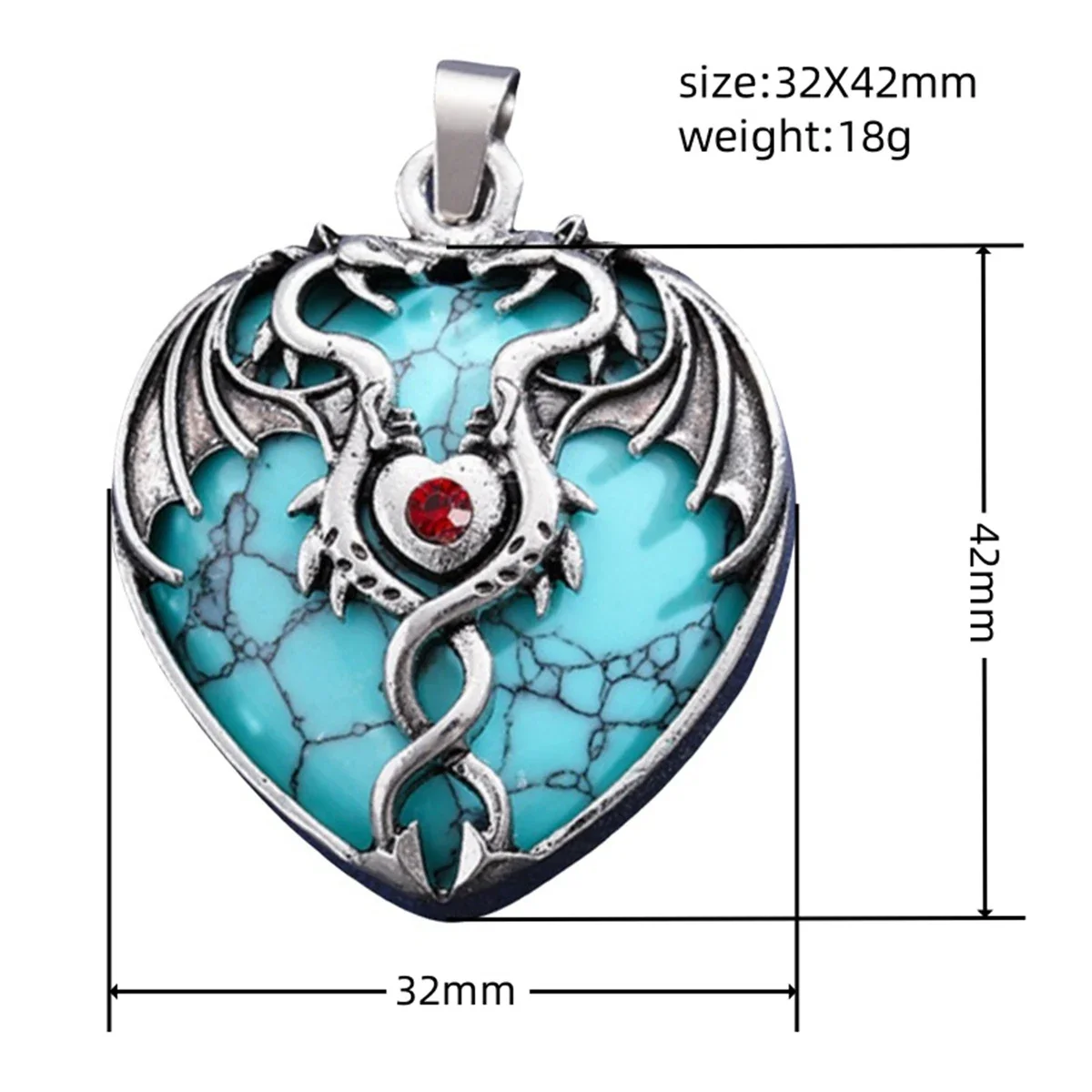 Natural Gemstone Love Heart  Antique Silver Alloy Double Dragon Pendant for DIY Making Jewelry Healing Chakra Spiritual 32X42MM