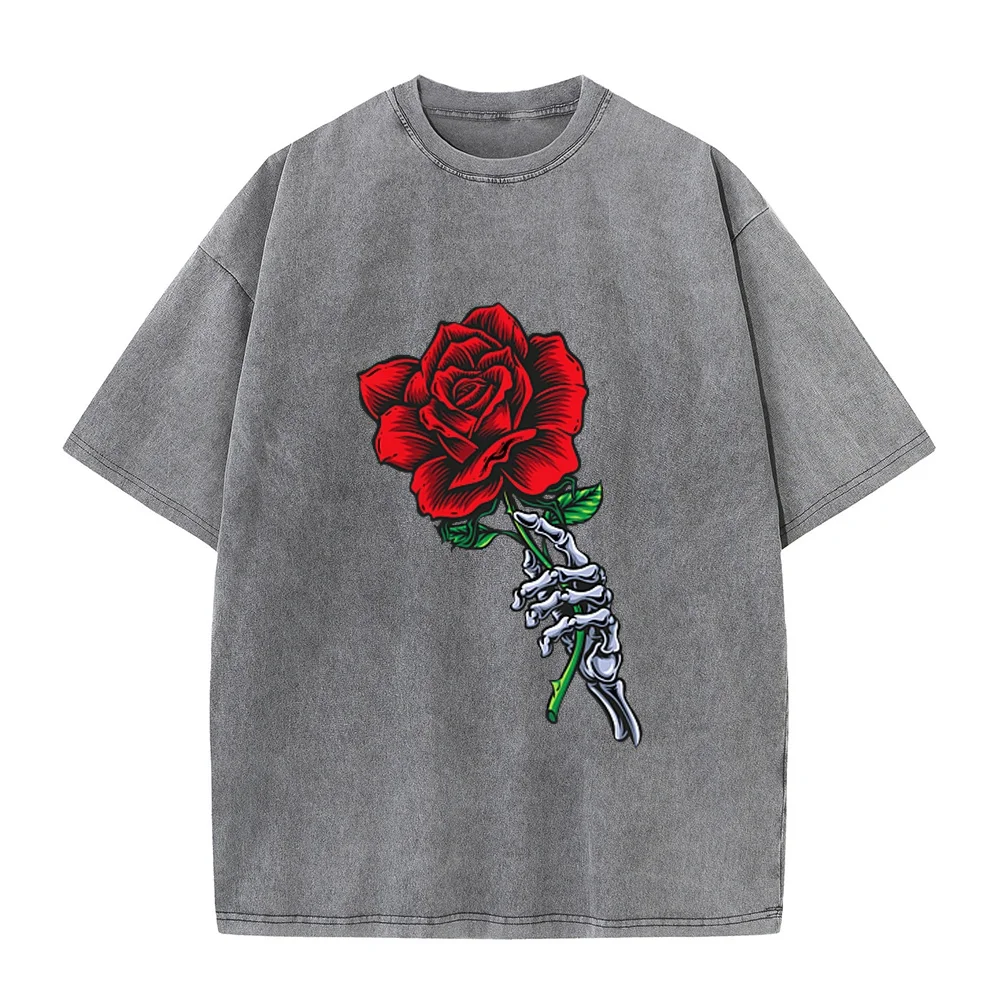 Skeleton Hand Holding Rose Aesthetic Red Flower T-Shirt Men's Clothing Graphic Printed T Shirt Women Cotton Casual Tee Summer