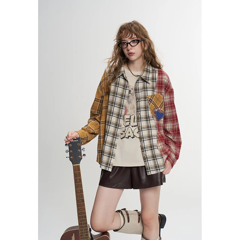 ELFSACK Women's Loose Drop Shoulder Blouse with Plaid Patchwork & Heart Patch, Casual Color Block Top for Everyday