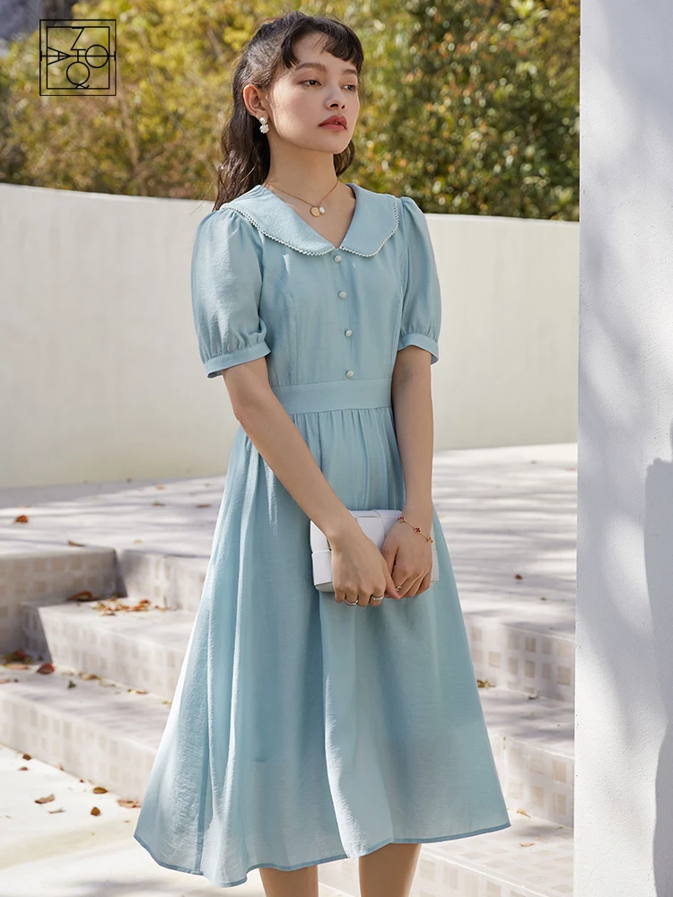 ZIQIAO Office Lady Blue Puff Sleeve Dress Small Fresh Slim 2021 New Gentle Style A-line High Waist Puff Sleeve 150CM Women Dress