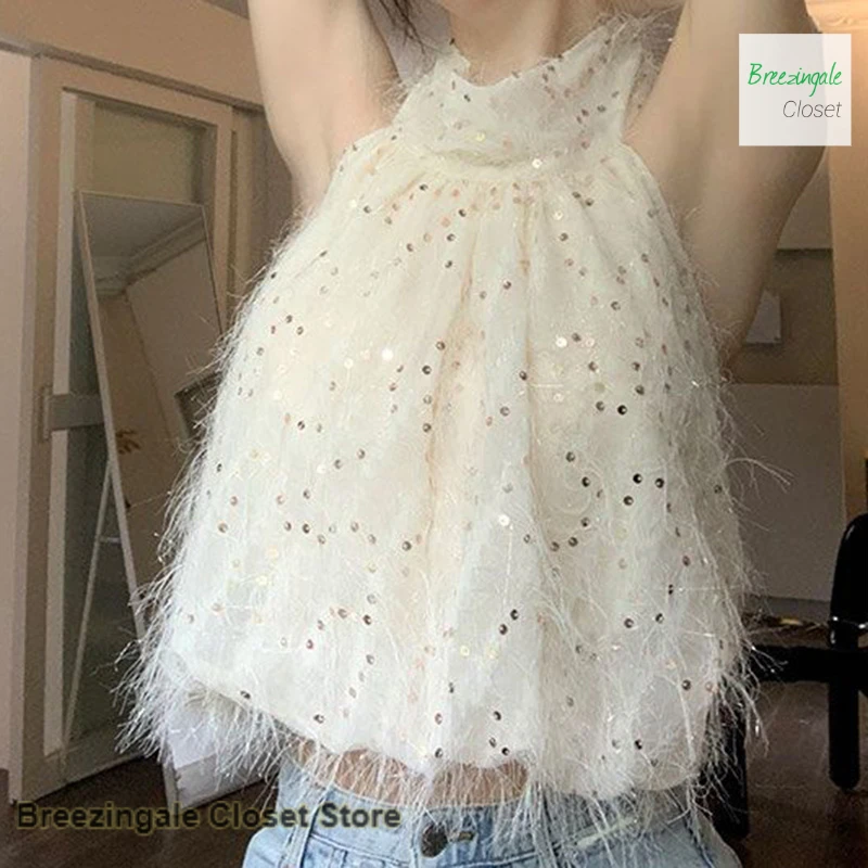 

Korean apricot neck vest suspender women's summer chic sweet and spicy wind off-the-shoulder loose temperament sexy spice top