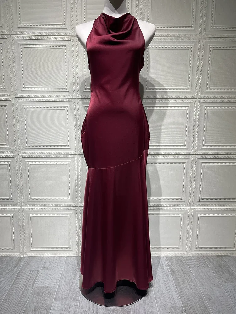 Cetim cowl pescoço sexy maxi vestido feminino moda elegante sem mangas sem costas plissado clube festa vestido longo feminino