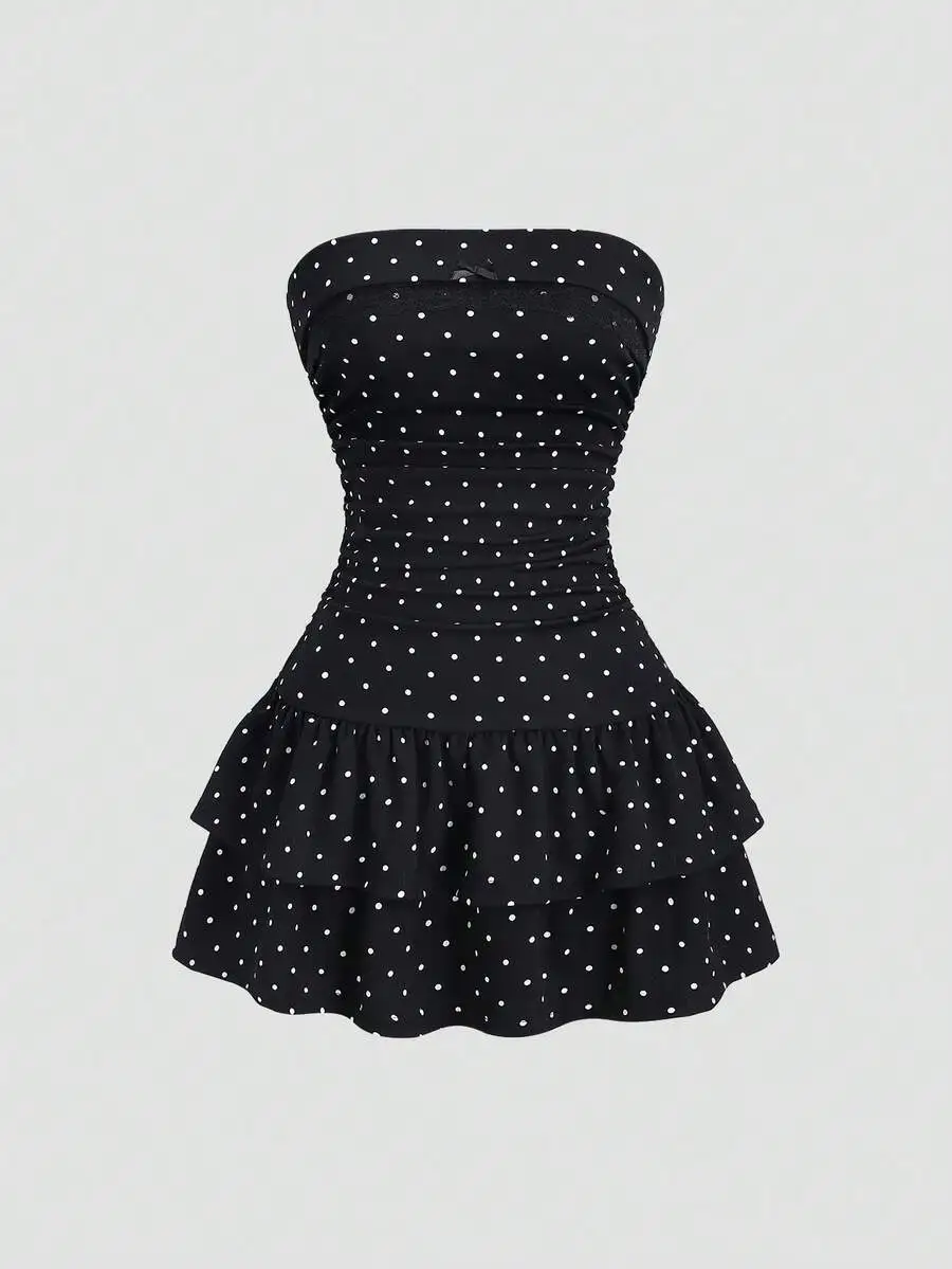 

Black Polka Dot Strapless Bodycon Dress With Ruffled Tiered Hem Cinched Waist