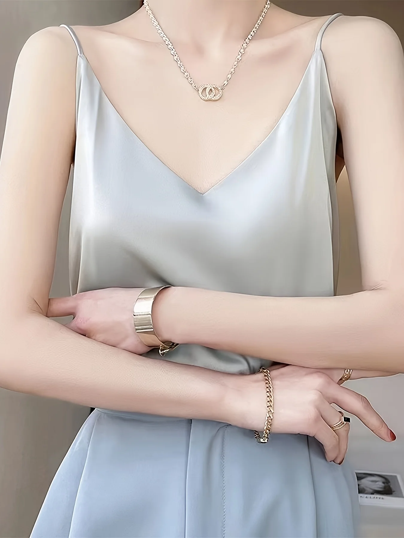 Women's Off-Shoulder Satin Cami Top V-Neck Sleeveless Summer Blouse Lightweight Stylish Casual Wear Layering Piece for Dresses