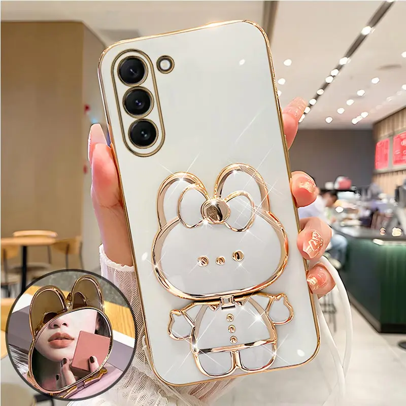 Mirror Rabbit Strap Plating Case For Samsung Galaxy S21 S20 S22 S23 S10 S9 S8 Note 10 20 Plus Ultra S23 S21 S20 FE Cover