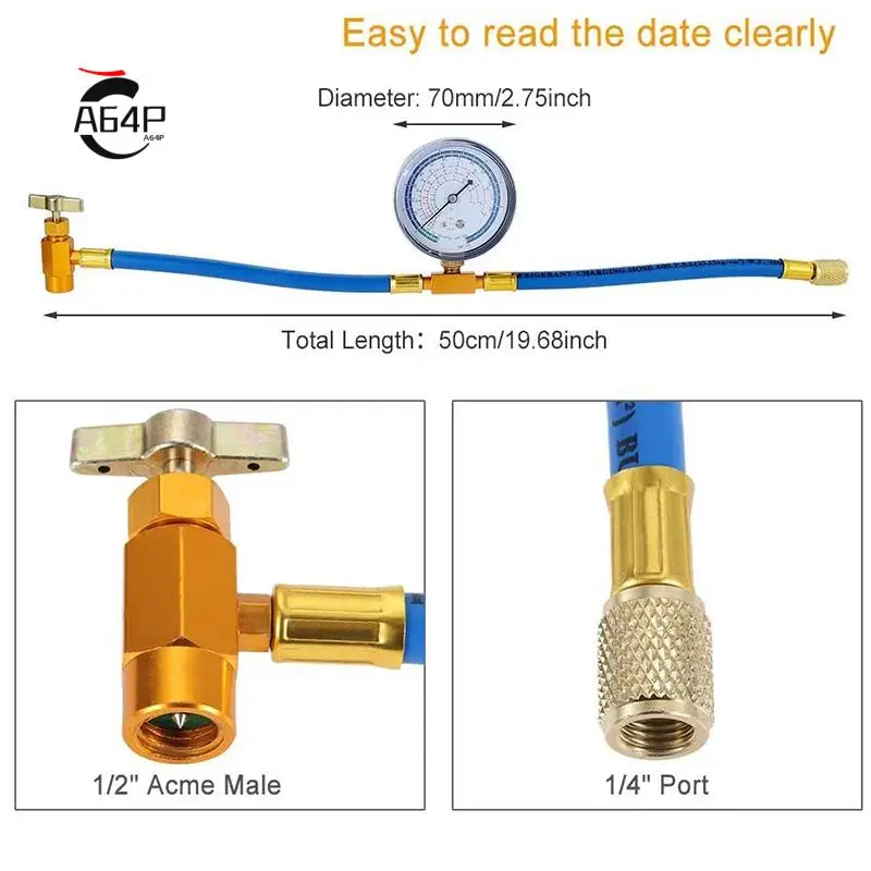 

A64P-R134A Charging Hose To Refrigerator -With Air Conditioning Gauge - Refrigerant R134A Can Tap To R-12/R-22 Port