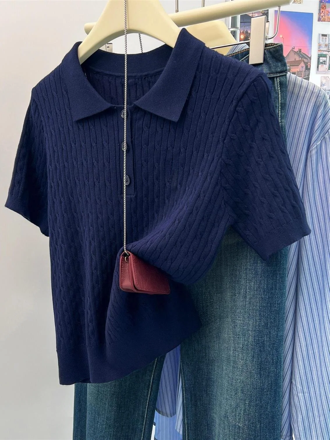 Summer New Style College Wind Dark Blue  Collar Short Sleeve Knitted Sweater Women's Retro Fashion Shoulder Top