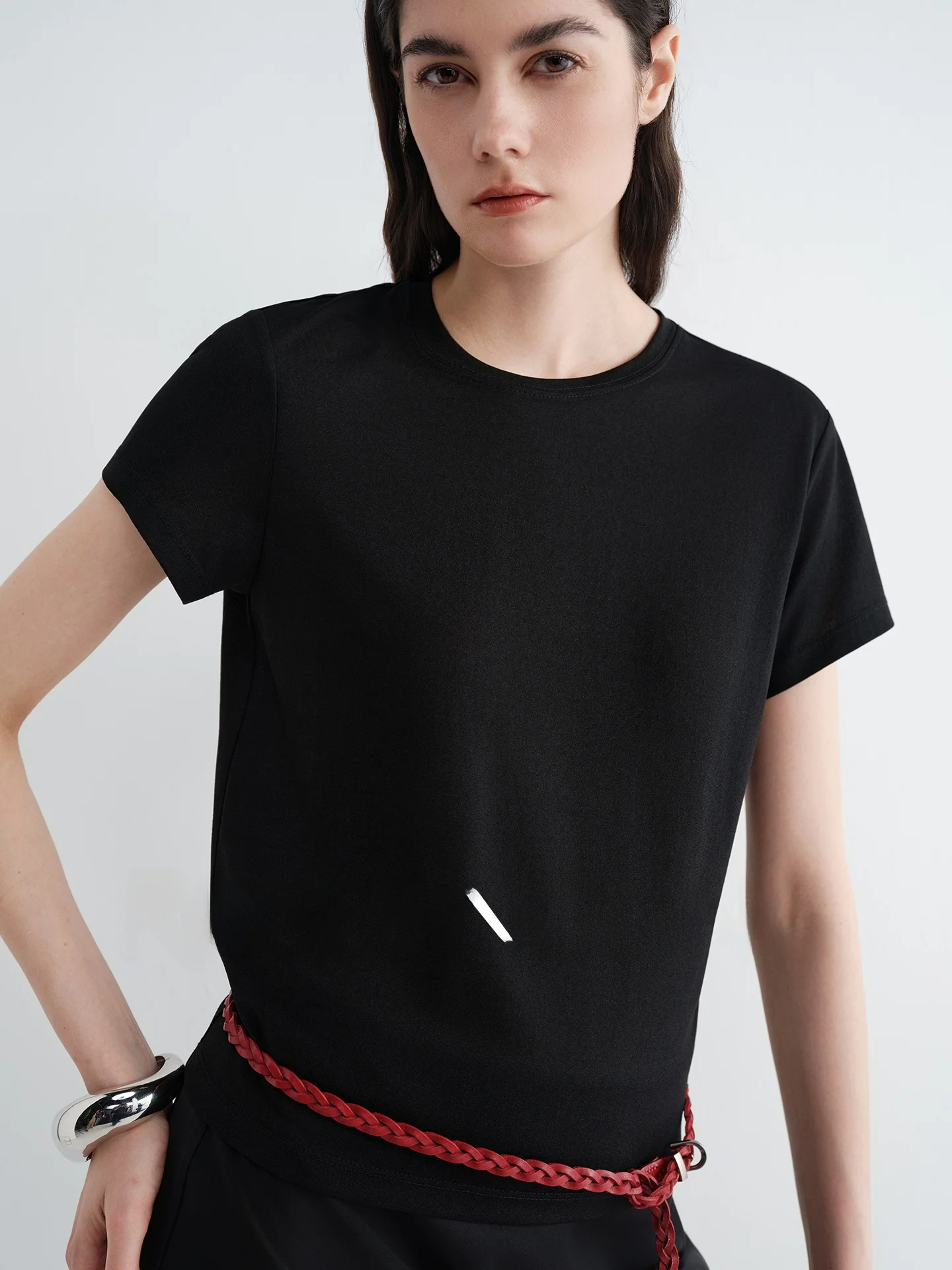  Lightweight Acetate T-Shirt Short Style High-End RoseLingLing Commute Simple Pure Color Standard Fit round Neck Sho...