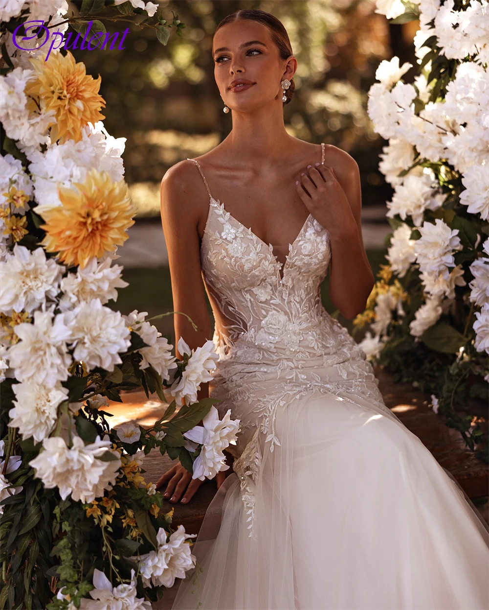 فستان زفاف أنيق من الأورجانزا الأبيض مخصص رسمي على شكل قلب بدون أكمام فستان زفاف بوهو حورية البحر ذيل محكمة رداء de mariée #4