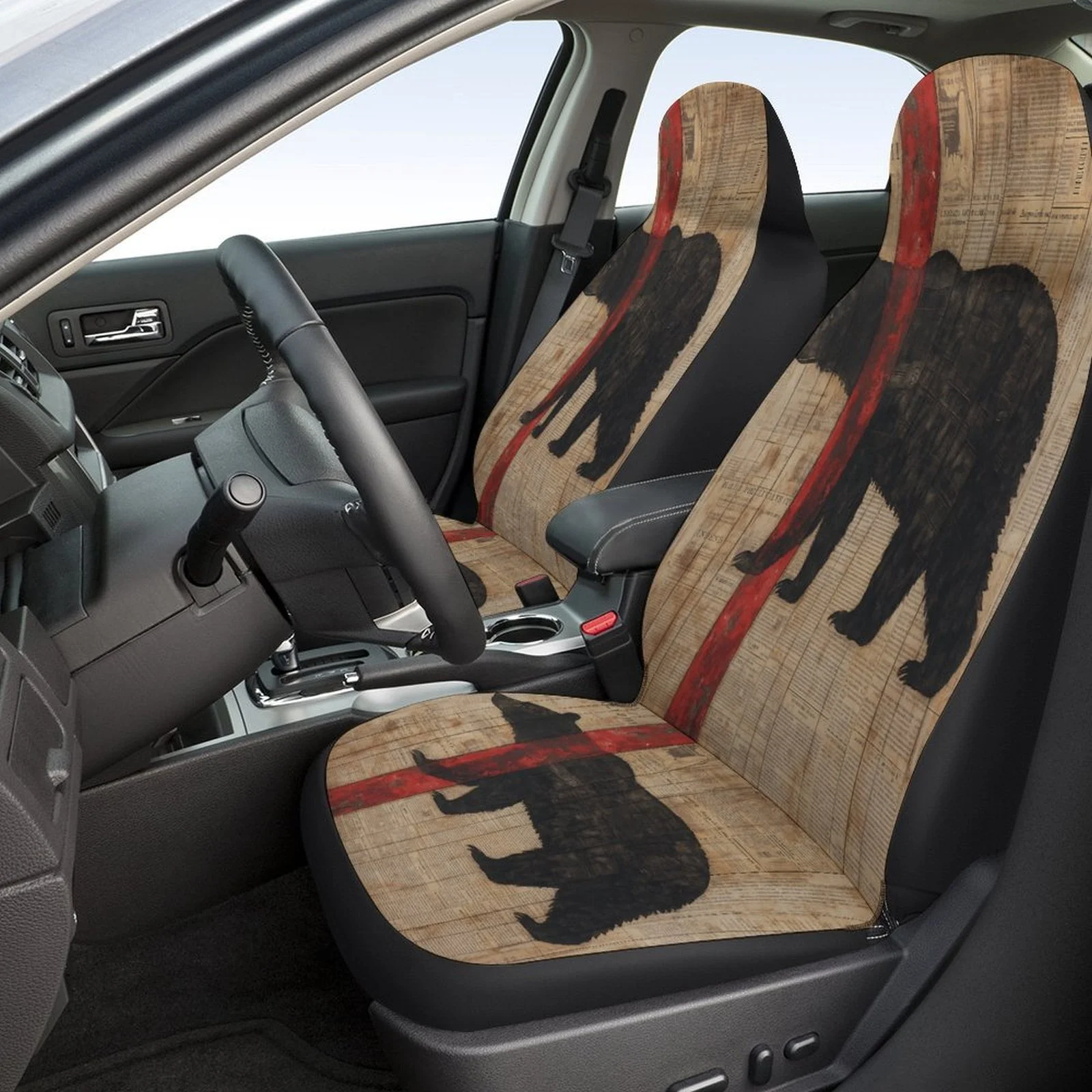 Black Bear Silhouette Themed Car Seat Cover Set For Most Cars, Fashionable Novelty Car Seat Protector Covers Full Set, Car Seat