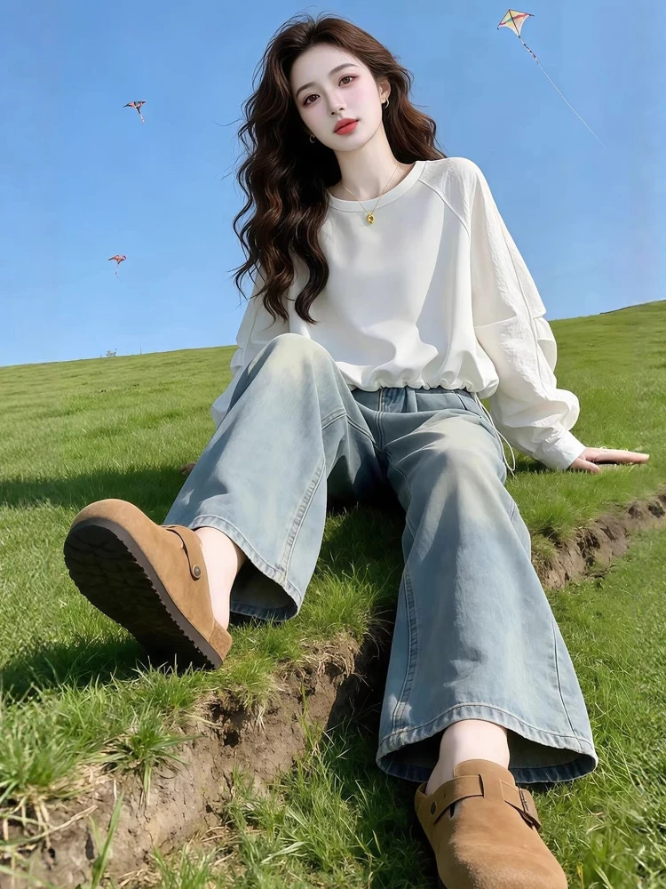 Women's Cotton Long Sleeve Sweatshirt 2026 Spring Korean Fashion Loose Crew Neck Pullover Tops Trendy Streetwear