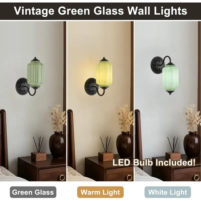 Green Glass Sconce Set of 2 Vintage Vanity Sconces Bulb Included