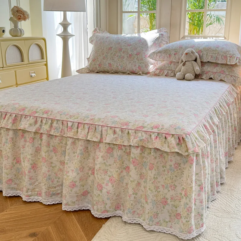 100%Cotton Flower Print Bed Skirt with Lace Single/Queen/King Size Floral Style Bedsheet with Skirts Ruffles Bedskirt 침대스커