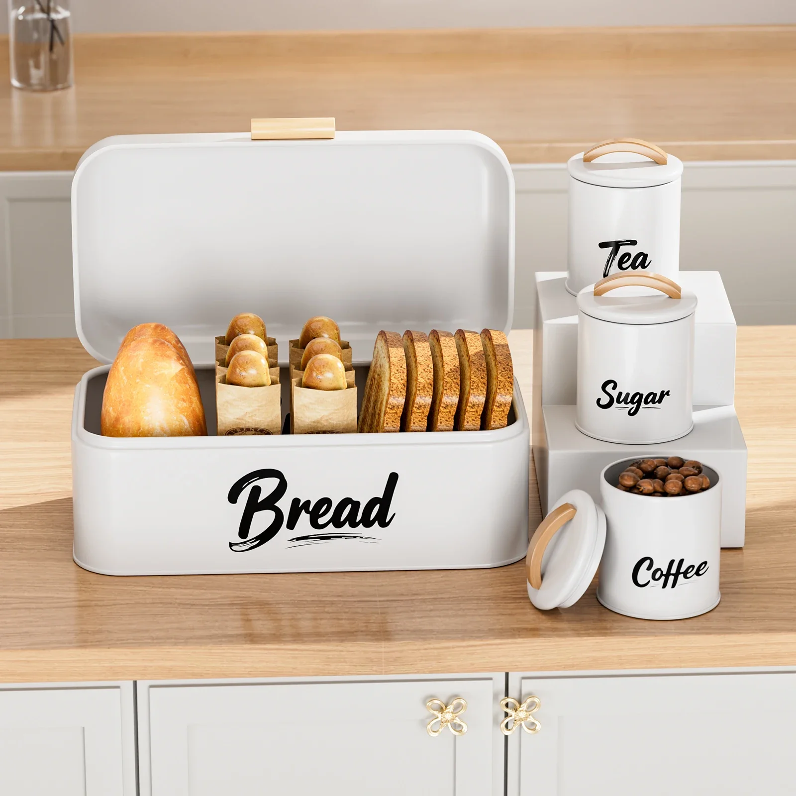 

Герметичная коробка для хранения хлеба с деревянной ручкой, откидной контейнер для тостов и банка для кофе и сахара, герметичный кухонный набор жести для хранения