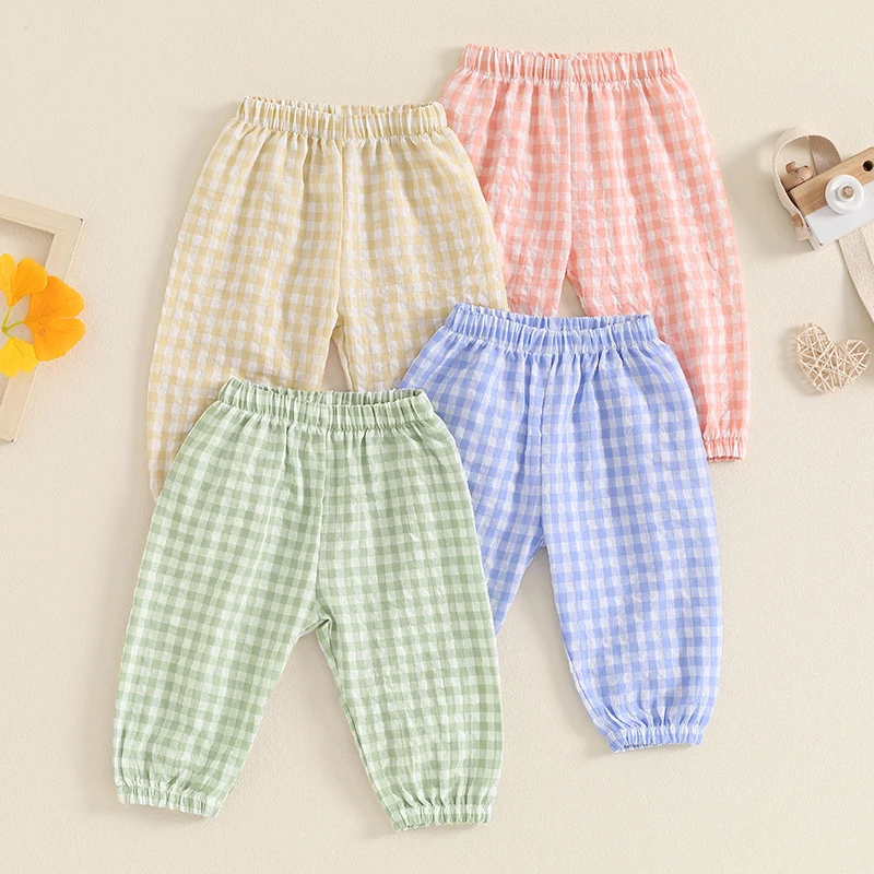 Toddler Baby Girls Boys Plaid Outfits Gingham Elastic Waist Pants Soft Checked Harem Bloomers Fall Long Pants