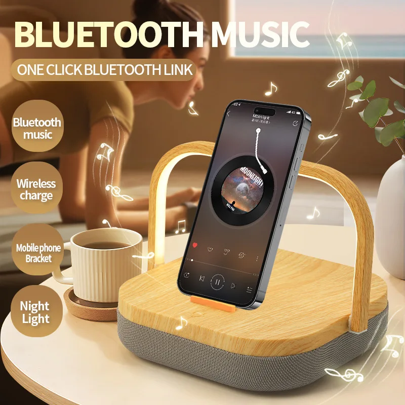 Smart Touch Phone Wireless Charging Bluetooth Speaker Wooden Desk Lamp Bedroom Bedside Lamp Night Light Music Box Phone Holder