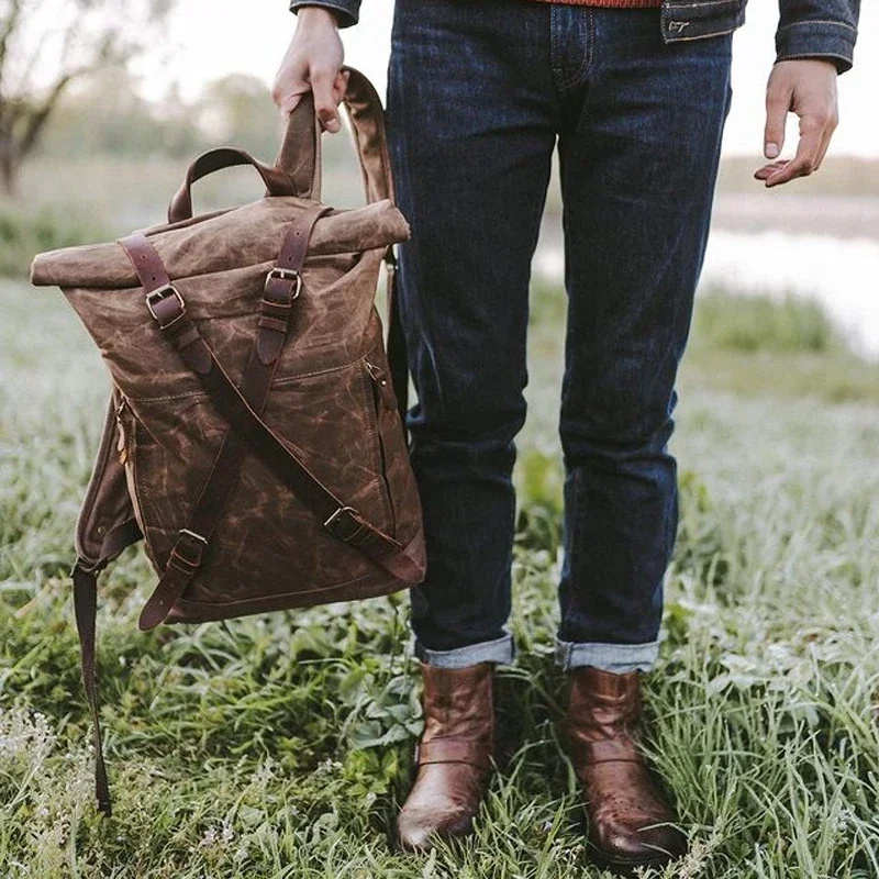 MUCHUAN Unisex Hard Oil Waxed Canvas Leather Backpacks Criss-Cross Waterproof Backpack Men for Travel 15" Laptop Back Packs