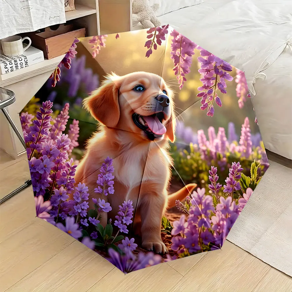 1PC Adorable Puppy in a Purple Flower Field Design Umbrella Print 8 Iron Ribs Folding Umbrella Auto-Open Fashion Sunshade